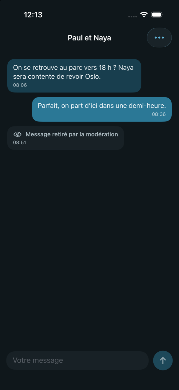 Une conversation dans l'application : deux messages échangés pour se retrouver au parc, et un troisième remplacé par la mention « Message retiré par la modération ».